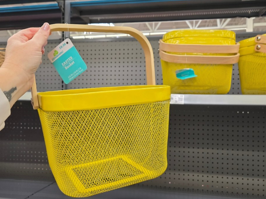 hand holding a yellow mesh wire basket with a wood handle, more baskets on a store shelf behind it