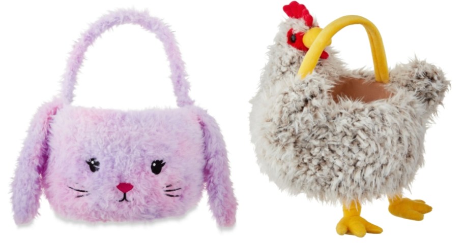 a purple plush Easter bunny basket and a white Rooster plush easter basket