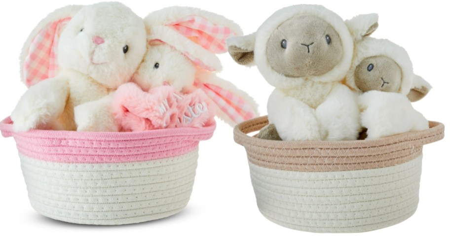 a white and pink fabric basket with 2 plush bunny rabbits and a blanket and a cream and tan fabric basket with 2 plush lambs and a blanket