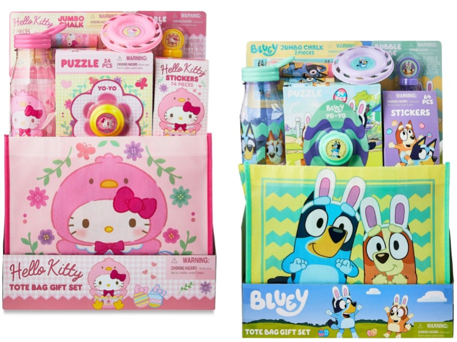 a Hello Kitty Easter Basket gift set and a Bluey Easter Basket Gift Set