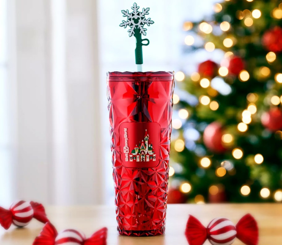 red starbucks disney tumbler with snowflake topper