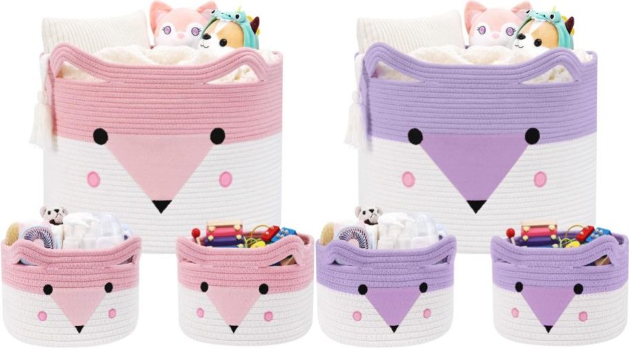 two 3 packs of soft side toy storage baskets in pink and purple