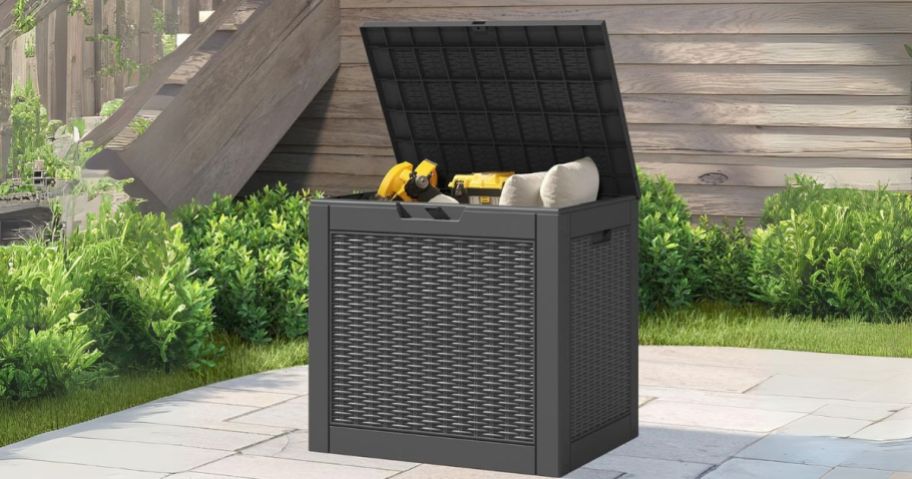 31-Gallon Outdoor Deck Box in Black on patio