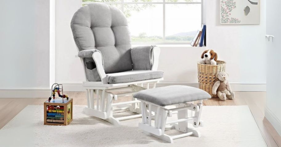 Angel Line Windsor Glider & Ottoman Set w/ White Finish & Gray Cushions in baby's room