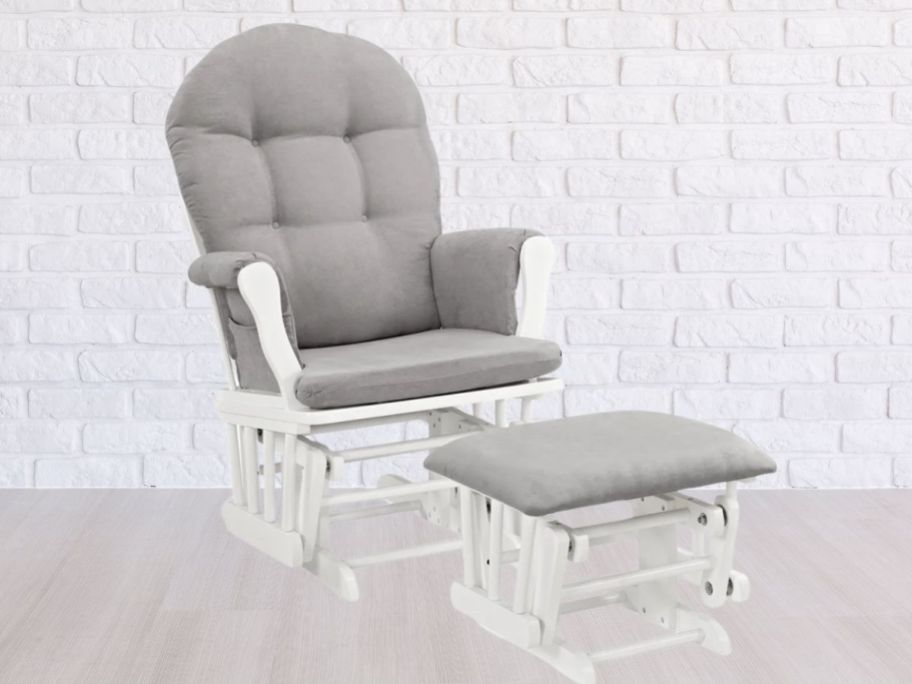 Angel Line Windsor Glider & Ottoman Set w/ White Finish & Gray Cushions in baby's room