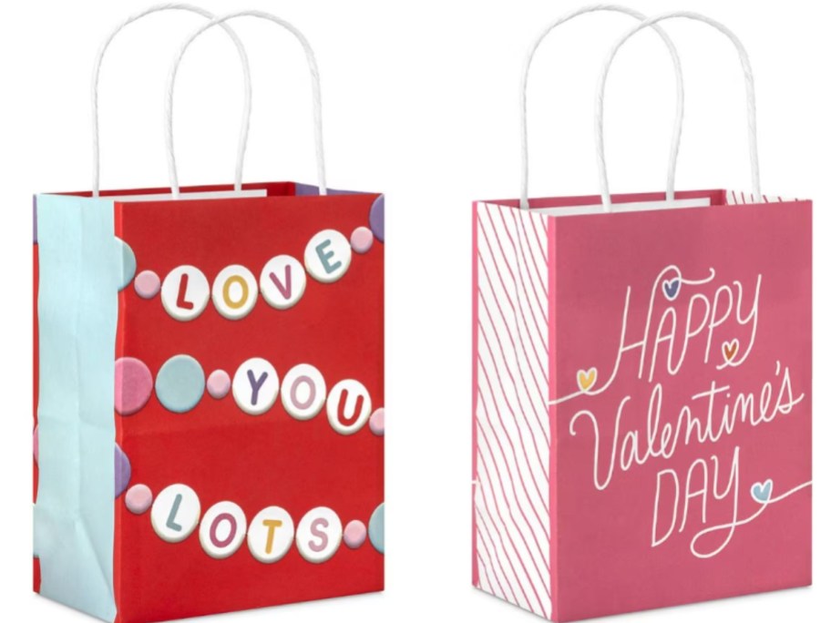 2 gift bags with Valentine's Day images and words on them