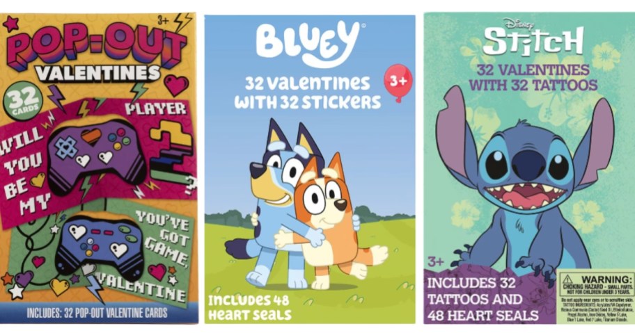 3 boxes of Valentine's Day Exchange Cards, one is a gamer theme, one is Bluey, and one is Stitch