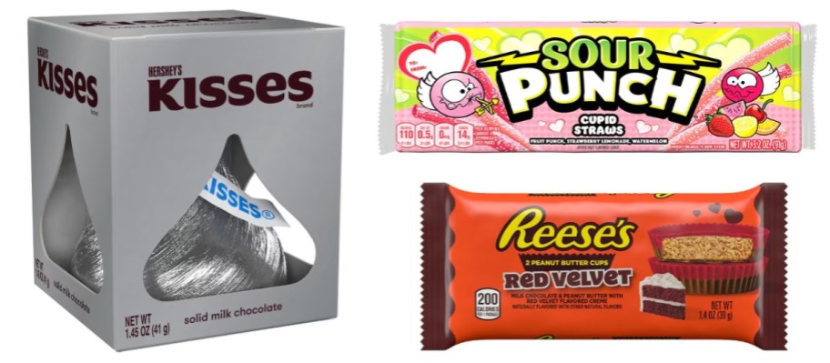 a giant Hershey's Kiss in a silver box, a Sour Patch Kids candy, and a Reese's Red Velvet Peanut Butter Cup pack