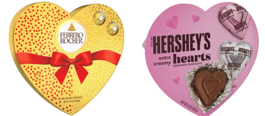 a gold heart shaped Ferrero Rocher chocolate candy box and a pink heart shaped Hershey candy box