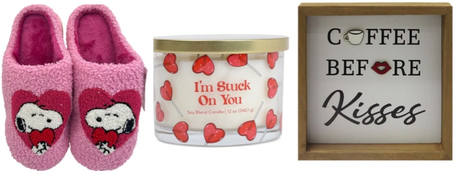 a pair of pink Snoopy Valentine's slippers, a Valentine's Jar Candle that has hearts and says 