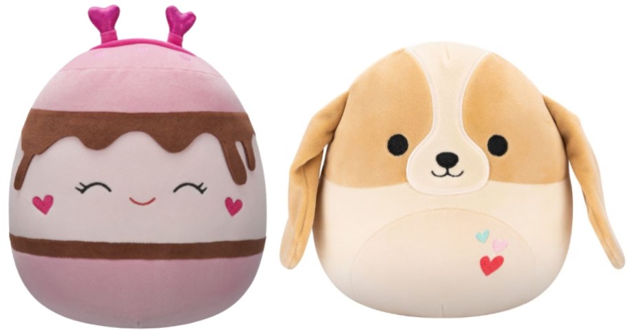 2 Squishmallow plush toys, one is pink and looks like a S'More, and one looks like a Basset Hound dog