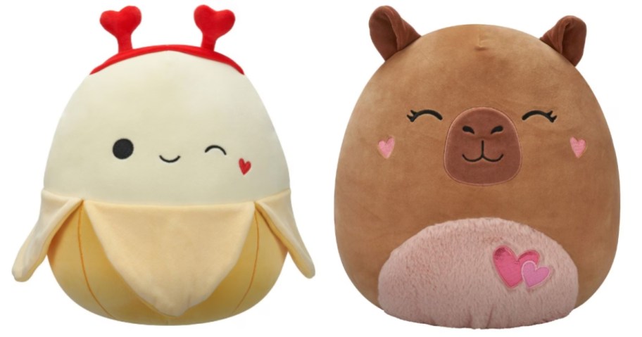 a Squishmallows plush toy that looks like a peeled banana wearing a read hearts headband, and another plush Squishmallow that looks like a Capybara 