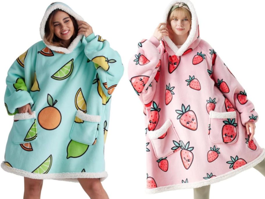 Stock image of two women wearing Bedsure wearable blanket hoodies