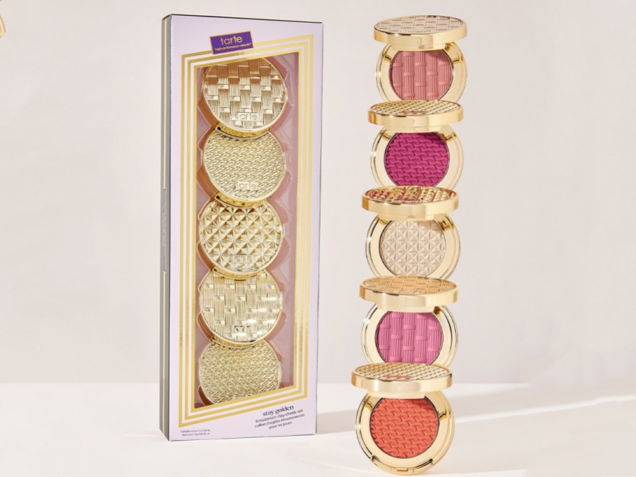 set of mini tarte blushes in gold packaging