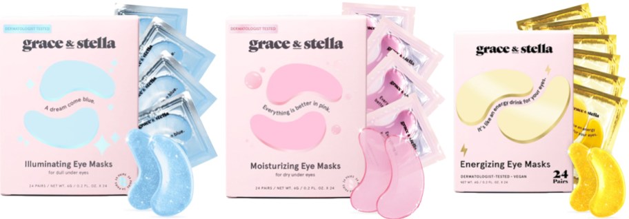 blue, pink, and gold sets of Grace & Stella Under Eye Masks