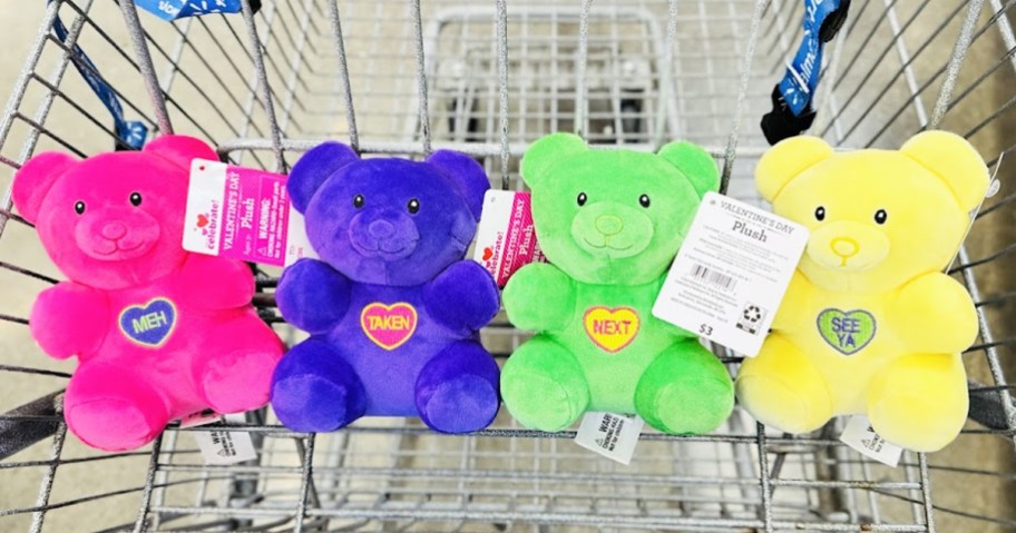 pink, purple, green, and yellow mini gummy bear plush in a shopping cart