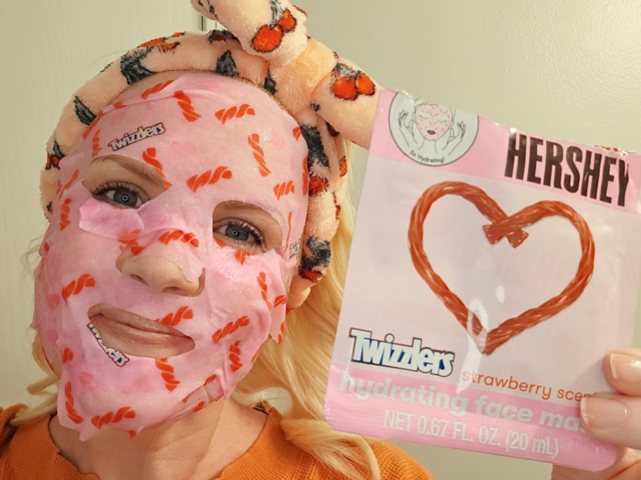 woman wearing twizzlers face mask