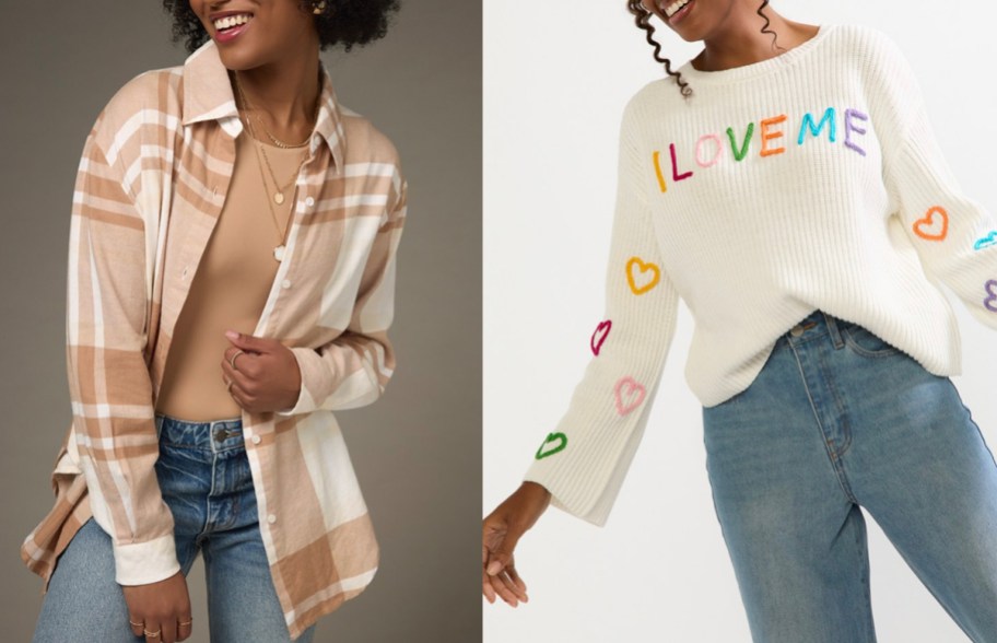 two women wearing beige top and white rainbow love sweater