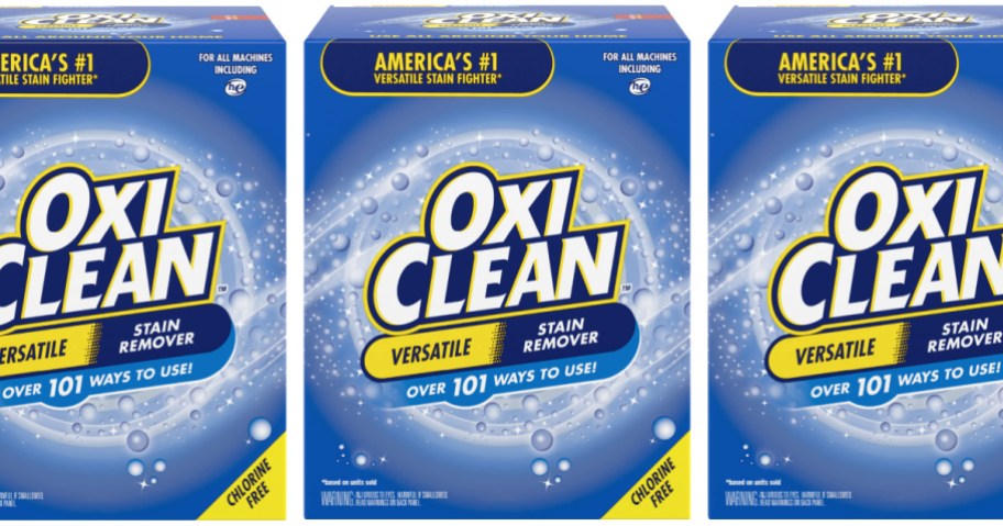 three side by side stock images of oxi clean stain remover boxes