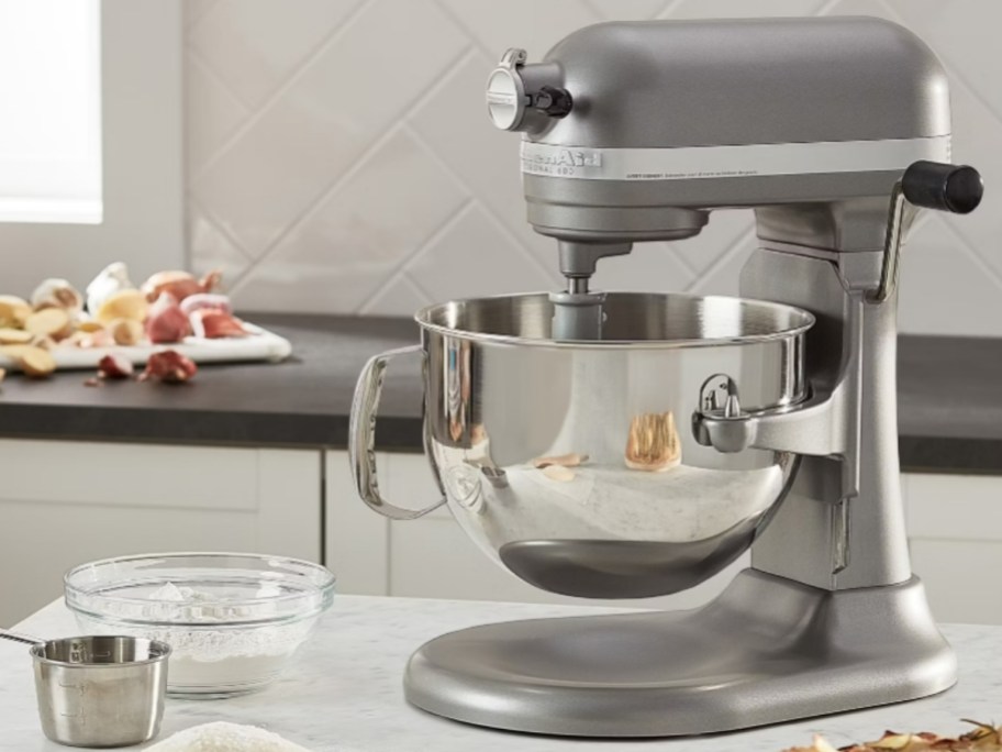 silver Kitchenaid Mixer on a counter