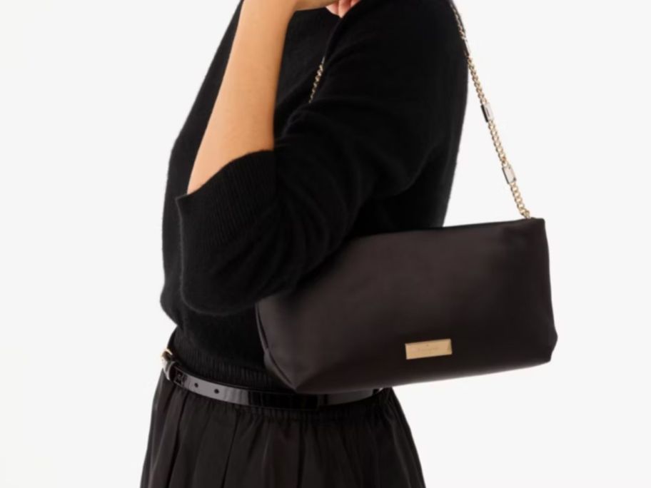 woman wearing Kate Spade Anya Satin Shoulder Bag