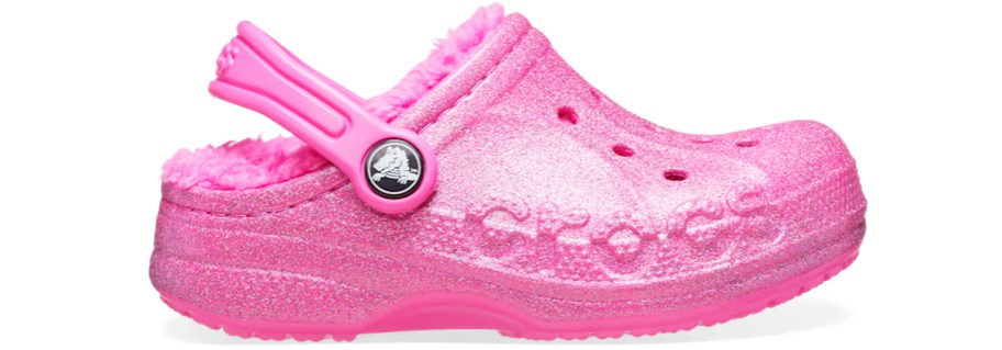 pink glittery crocs clog with fuzzy lining