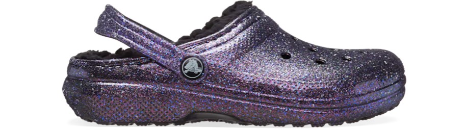 purple glittery crocs clog with black fuzzy lining