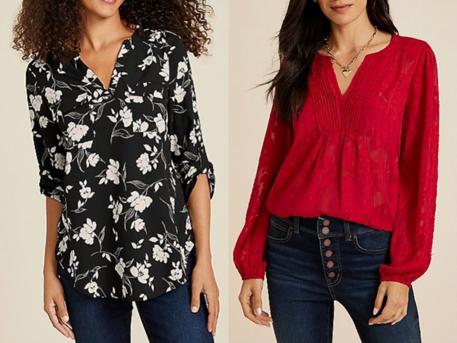 2 women wearing maurice's Floral Shirt and Red Peasant Tunic