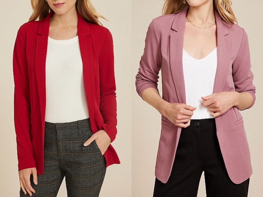 2 women wearing red and pink soft blazers