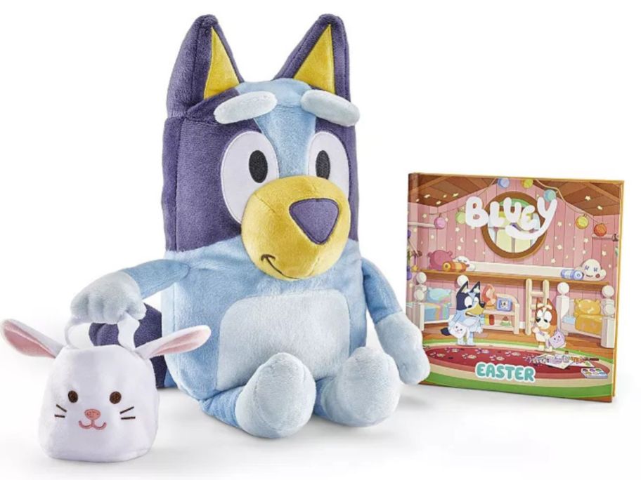 A Bluey plush toy and a book about them