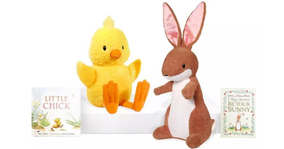 A plush chick and a bunny and a book about them