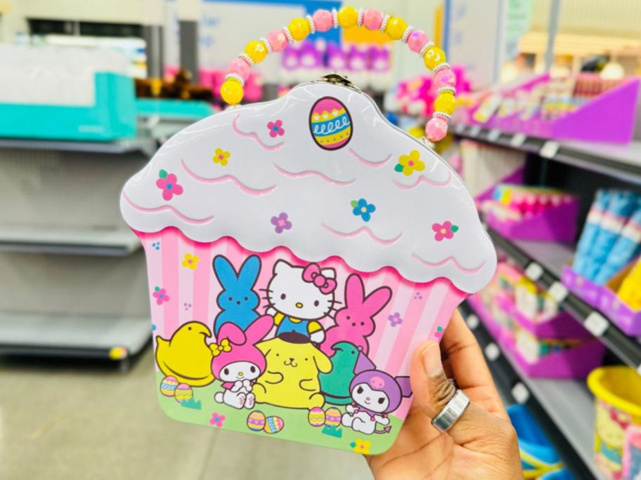 Peeps X Hello Kitty & Friends Tin Carrier in hand in store