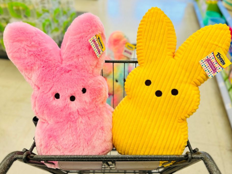 A Walgreens shopping cart with a Fluffy Pink and Yellow Fuzzy Peeps PLush in the front basket