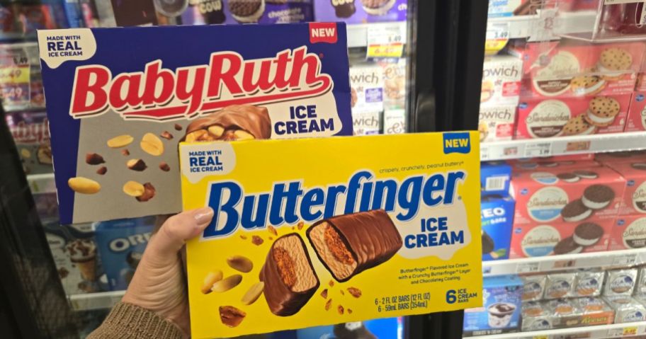 A person holding up Baby Ruth and Butterfinger Ice Cream Bars