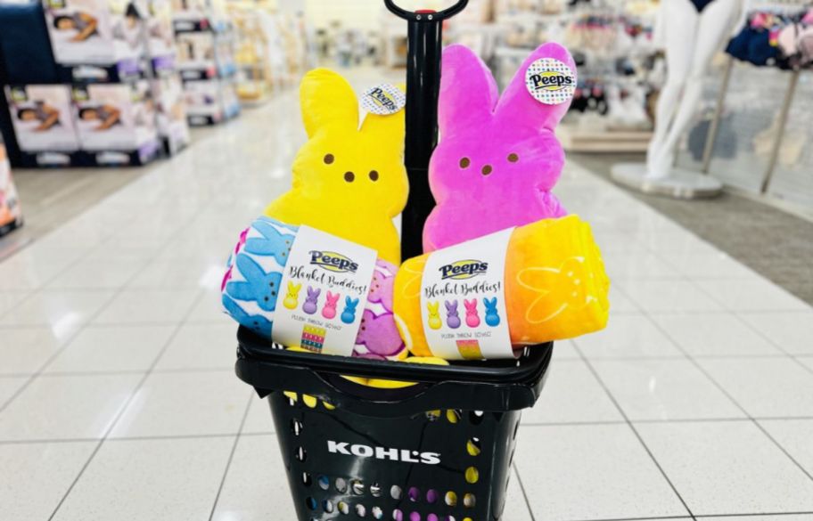 peeps yellow and pink plush and throw sets in a shopping basket in a kohls store