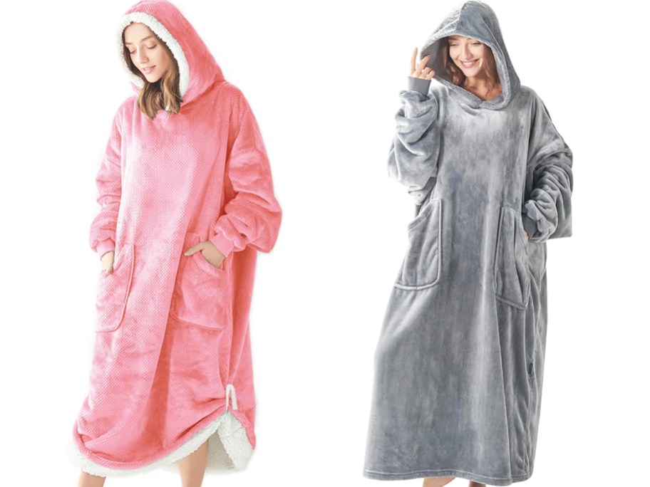 two women in pink and grey blanket hoodies