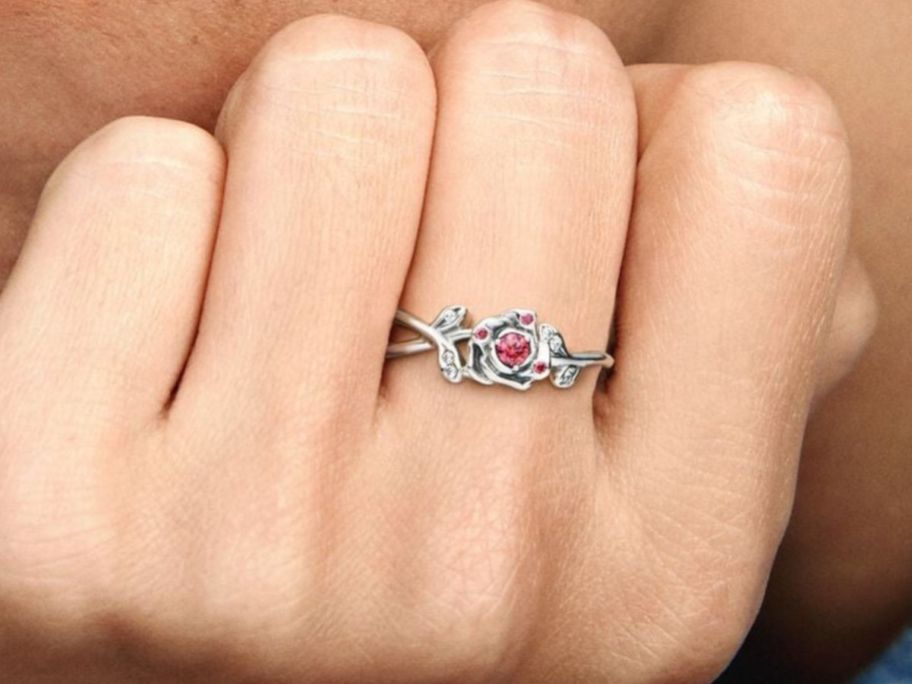 Pandora Disney Beauty & The Beast Rose Ring on finger