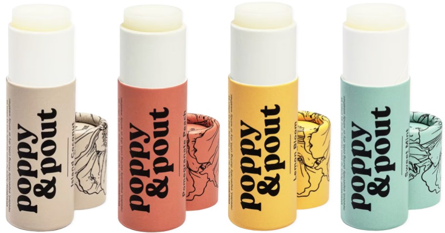 4 tubes of Poppy & Pout Hydrating Lip Balms