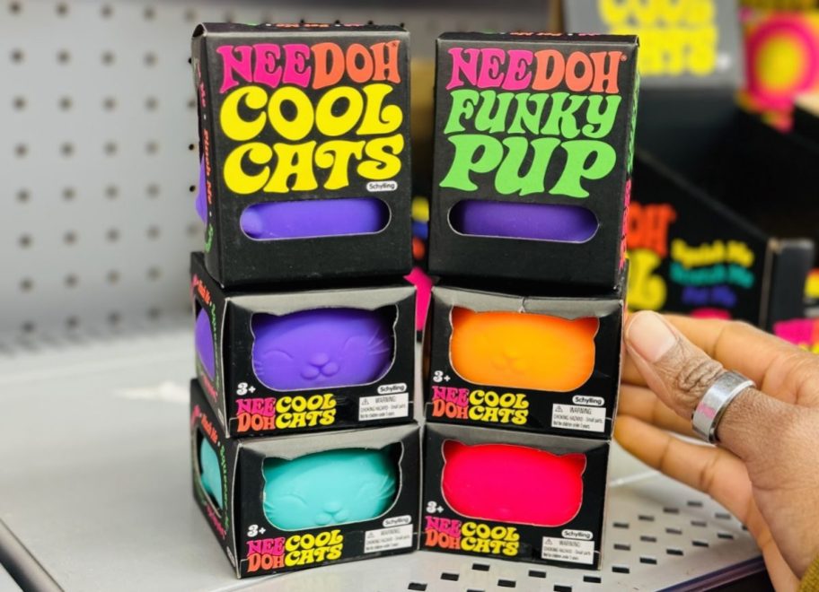 nee doh cool cats and funky pups fidget balls on a store shelf