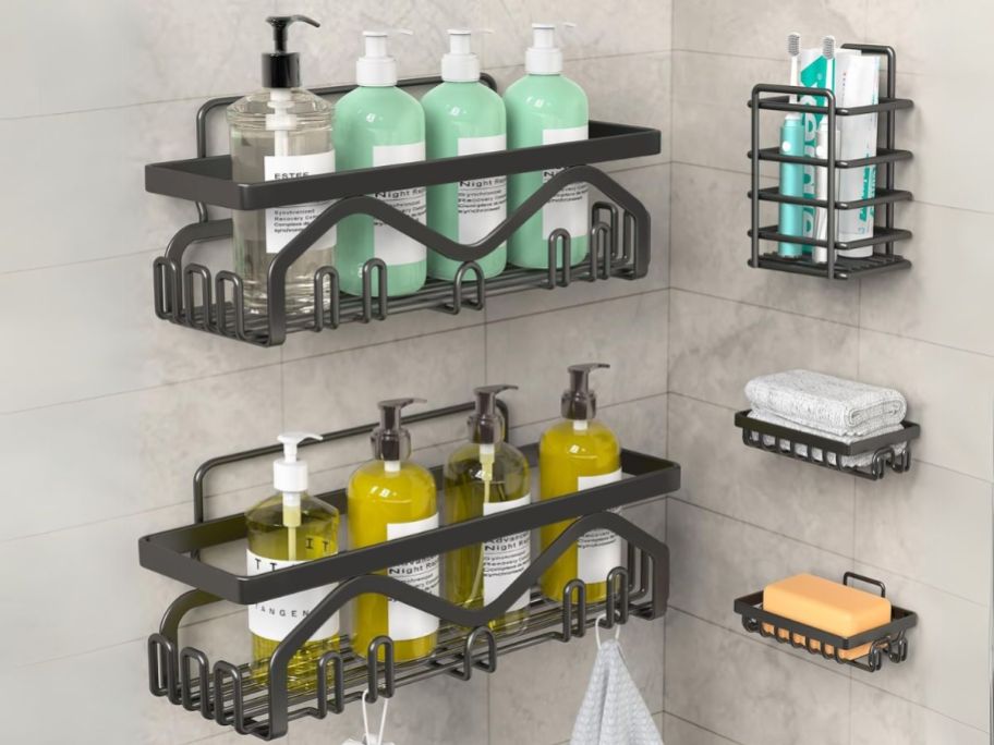 Coraje Adhesive Shower Storage Caddy Shelves 5-Pack in Black in shower