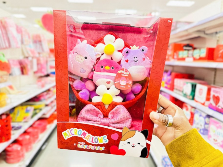 hand holding up boxed Squishmallows Micromallows Valentine's Bouquet in store