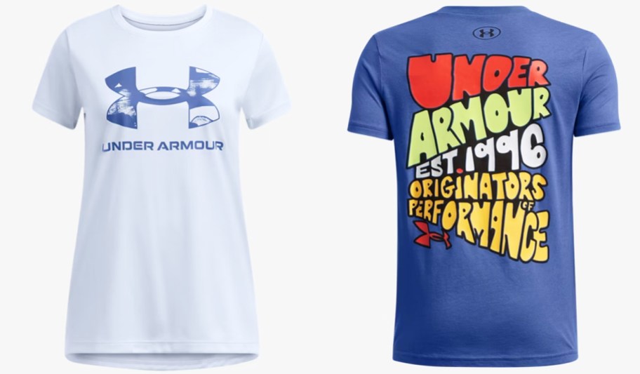 two blue under armour graphic tees