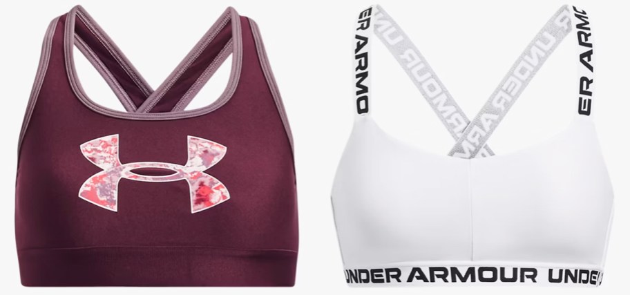 maroon and white under armour sports bras