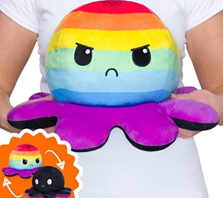 Large TeeTurtle Reversible Rainbow & Bloack Octopus Plush