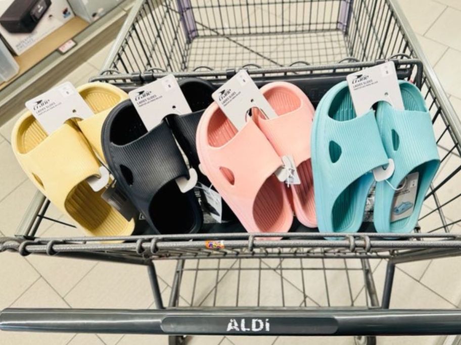 A cart full of ladies and men's slide shoes