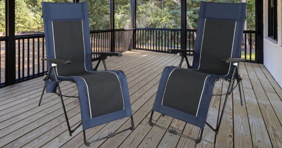 Ozark Trail Quad Zero-Gravity Lounger Camping Chairs on porch