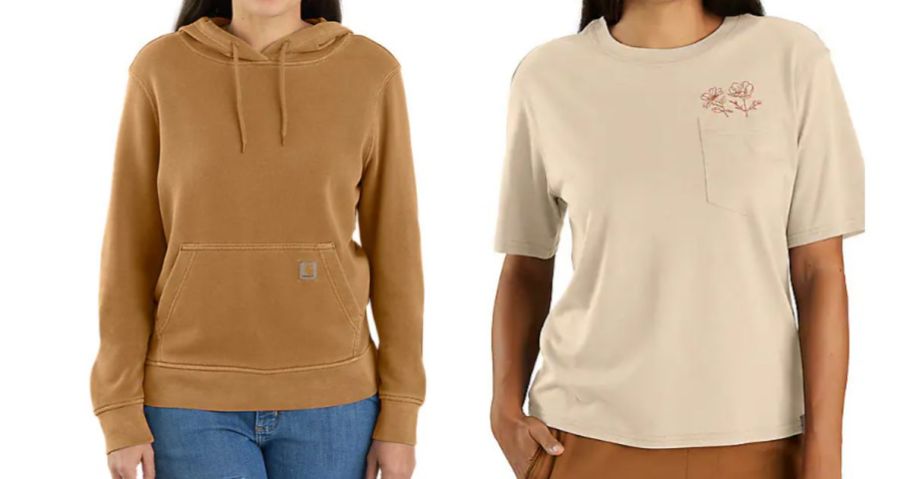 two women wearing carhartt tops