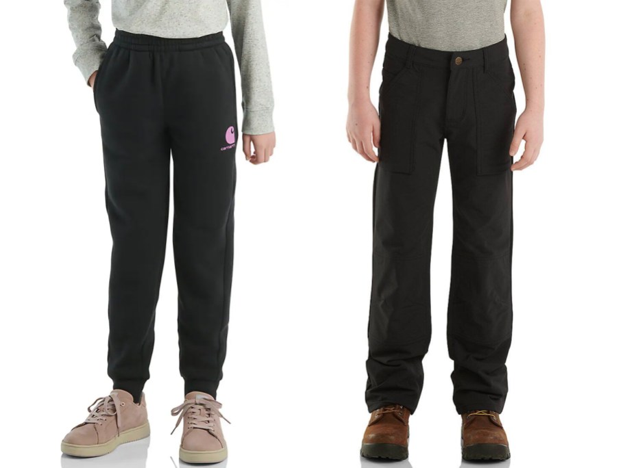 two kids wearing black carhartt pants 