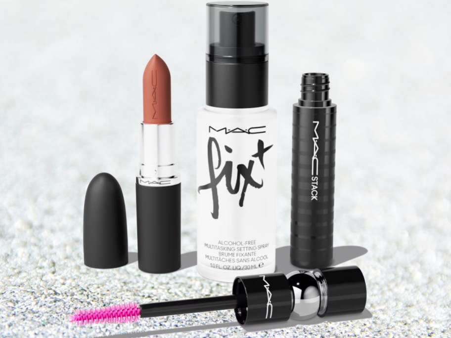 mac lipstick, mascara, and setting spray