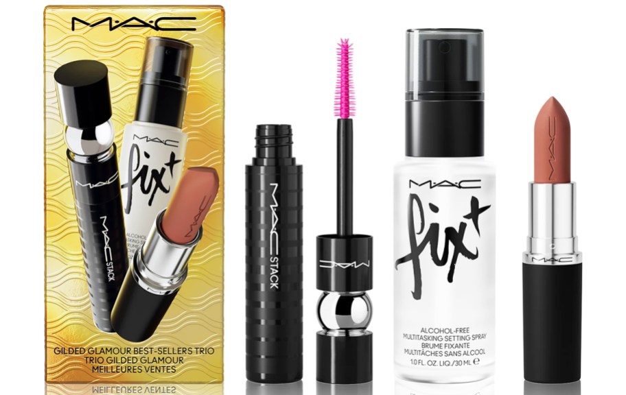 MAC mascara, setting spray, and lipstick